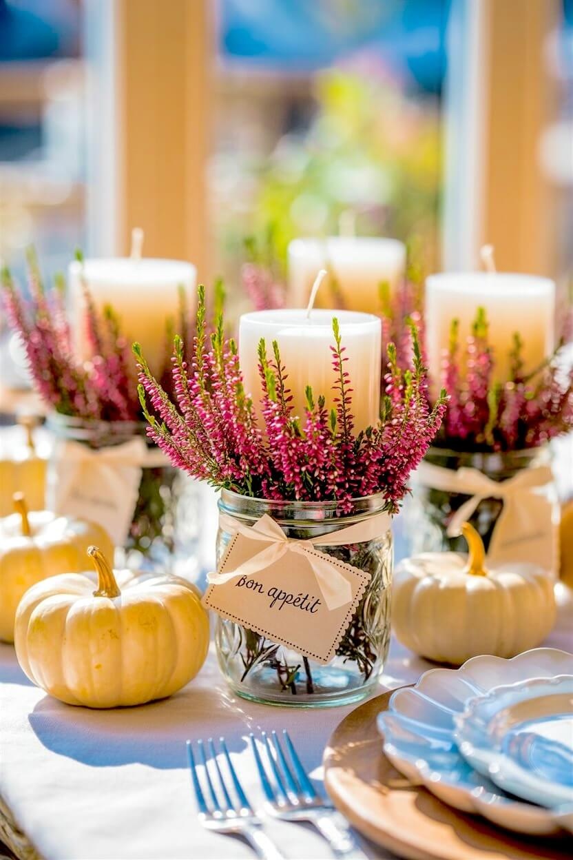 Glass jars wrapped in pale ribbons hold blooming pink heather plants and thick white candles next to small white pumpkins on an outdoor autumn dining set up.