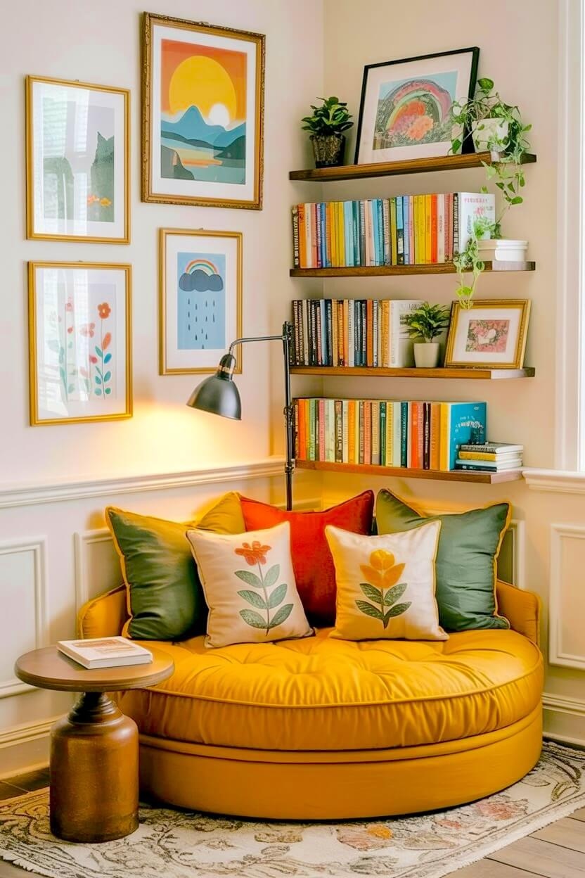 A large round mustard yellow reading chair holds green and orange floral pillows tucked into a corner beneath floating wooden bookshelves for warm fall styling.
