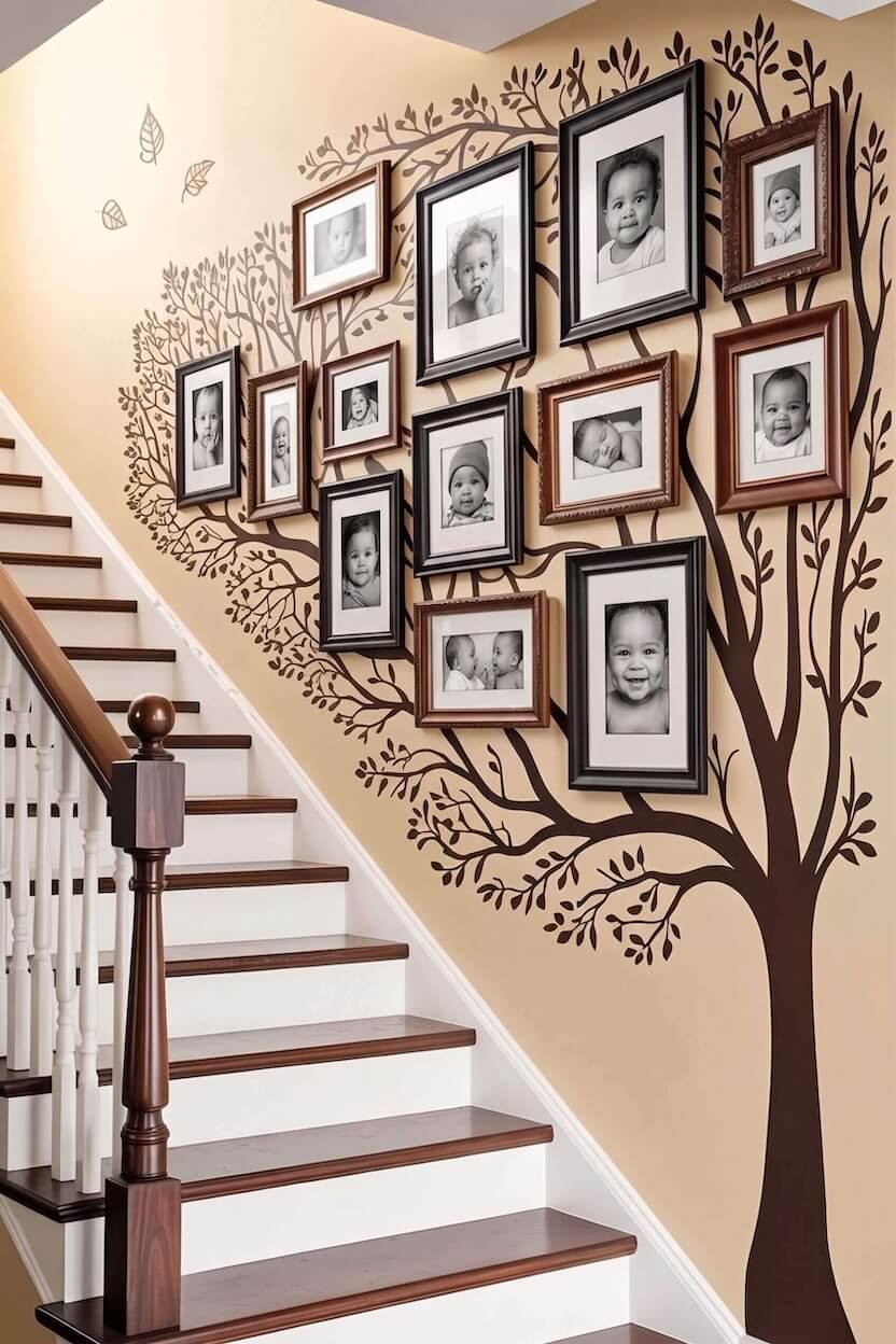 A large brown tree silhouette decal serving as a creative backdrop for multiple framed black and white baby portraits as touching family stair wall decor.