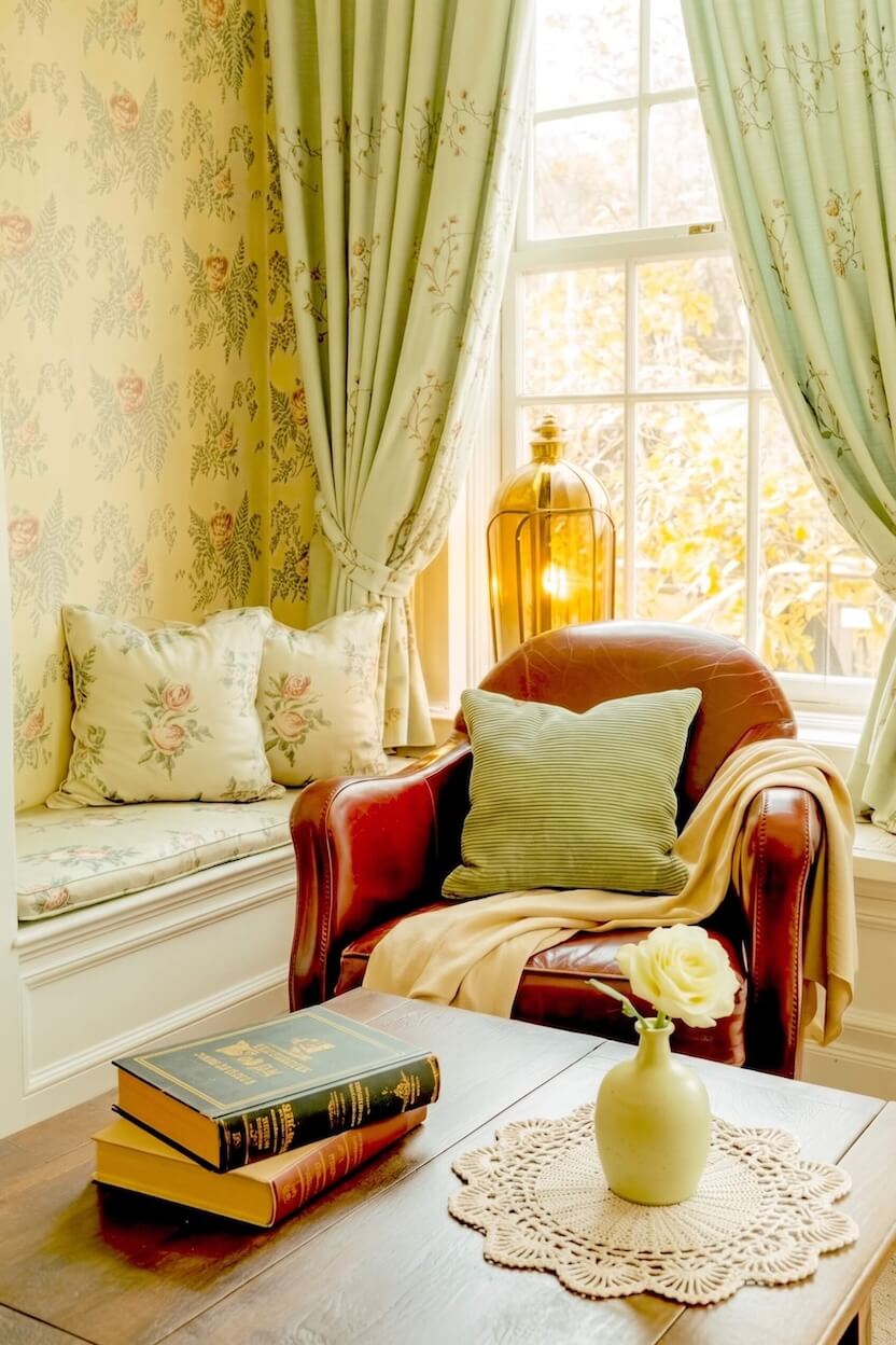 A reddish brown leather armchair sits next to a window seat with floral wallpaper and green curtains paired with vintage books for a classic autumn room style.