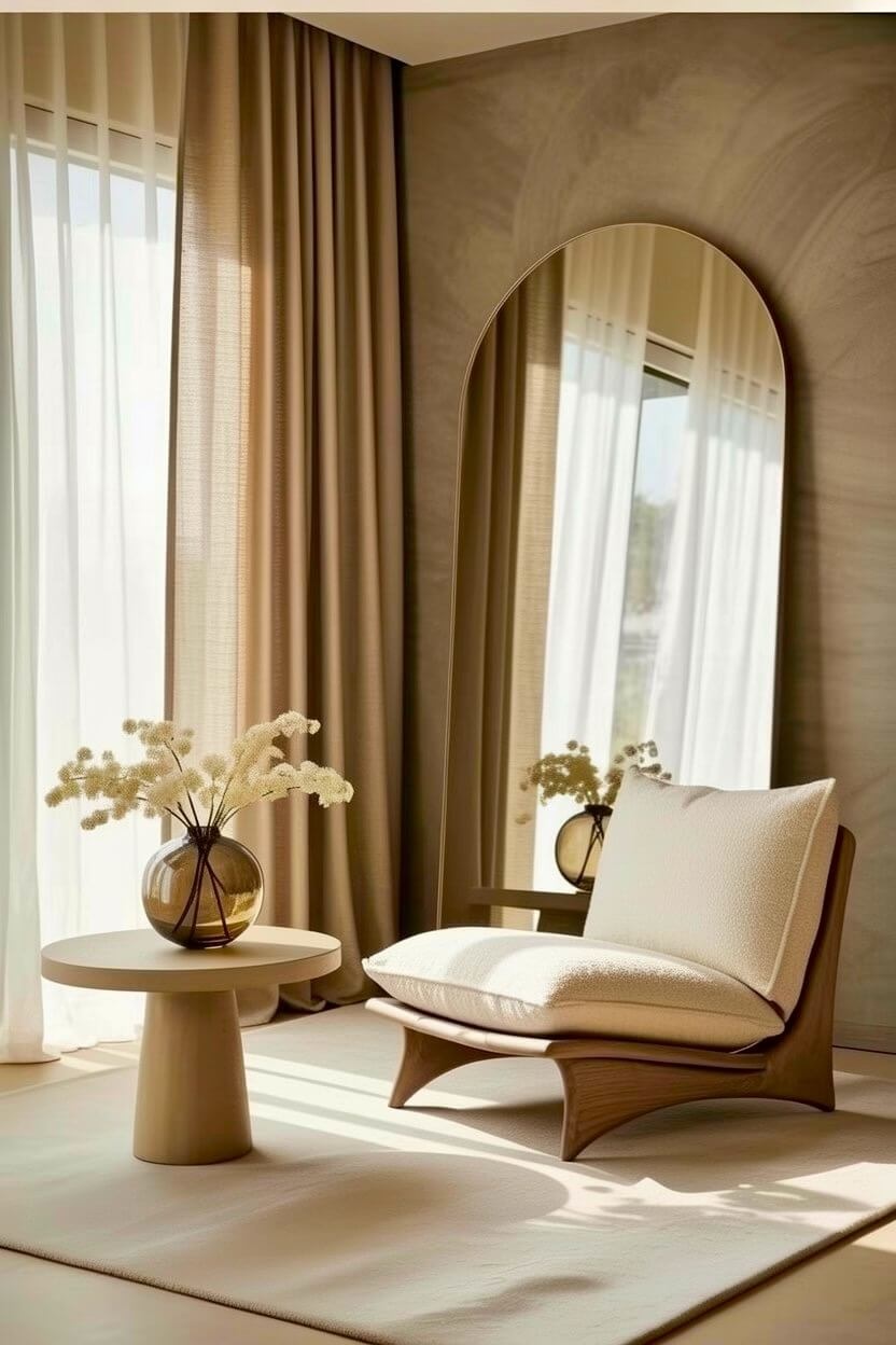 A low curved lounge chair sits near a tall arched floor mirror and a smooth round side table holding a brown glass vase with dried florals for fall interiors.