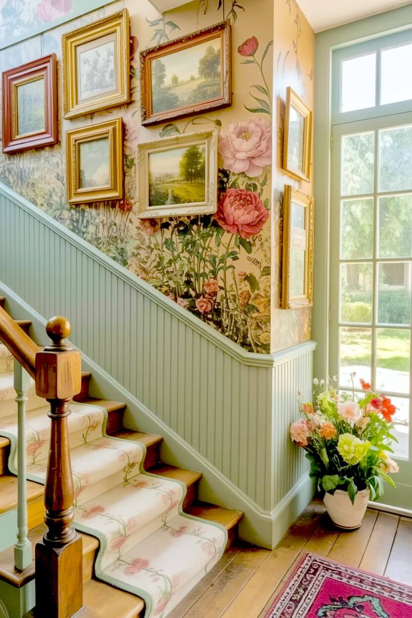 Romantic vintage oil paintings of landscapes layered over oversized floral wallpaper featuring giant pink peonies and greenery for elegant staircase decor.
