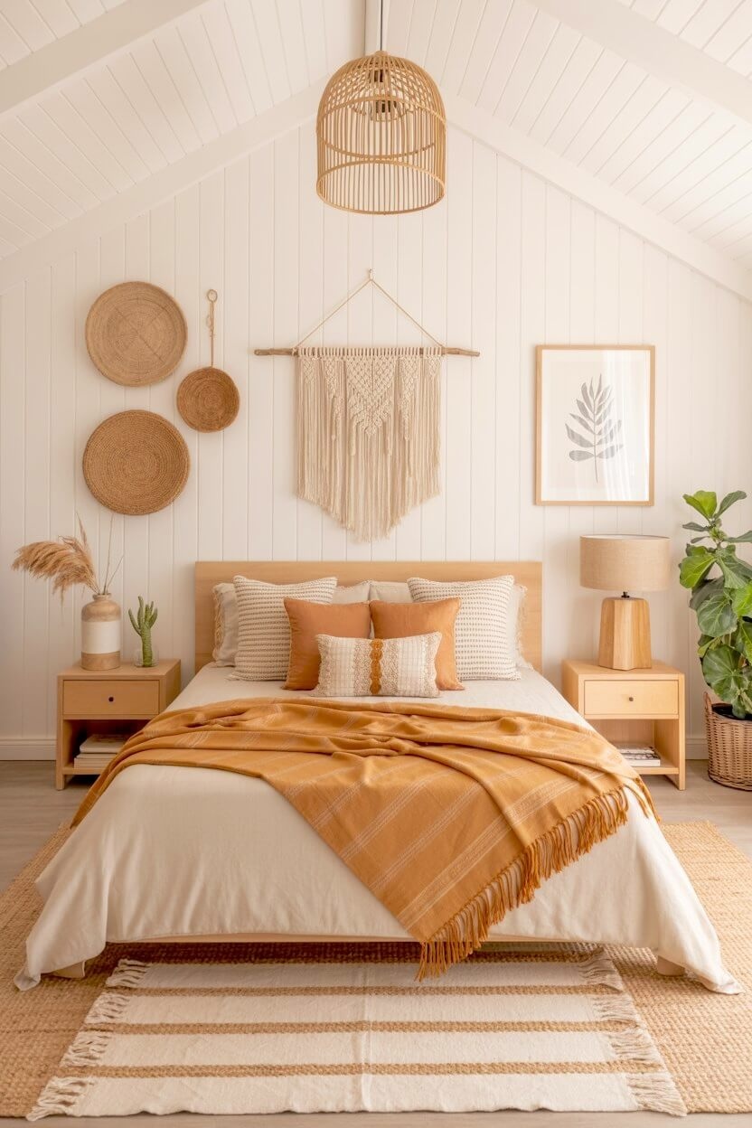 A bedroom features a light wood bed covered in a mustard yellow fringe blanket beneath a woven macrame wall hanging and round wicker baskets for fall comfort.