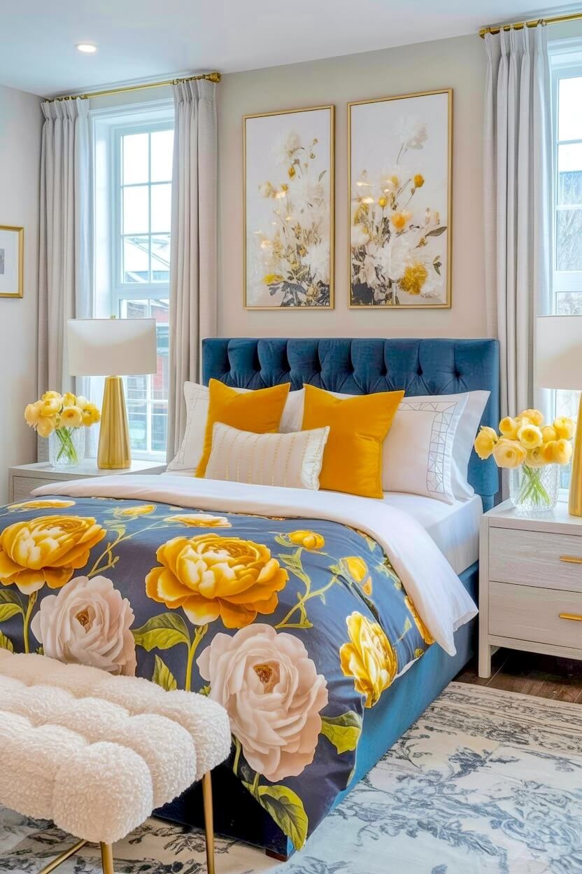 A dark blue tufted headboard frames a bed covered in navy blue bedding printed with large yellow and white roses matching solid yellow pillows for autumn rooms.