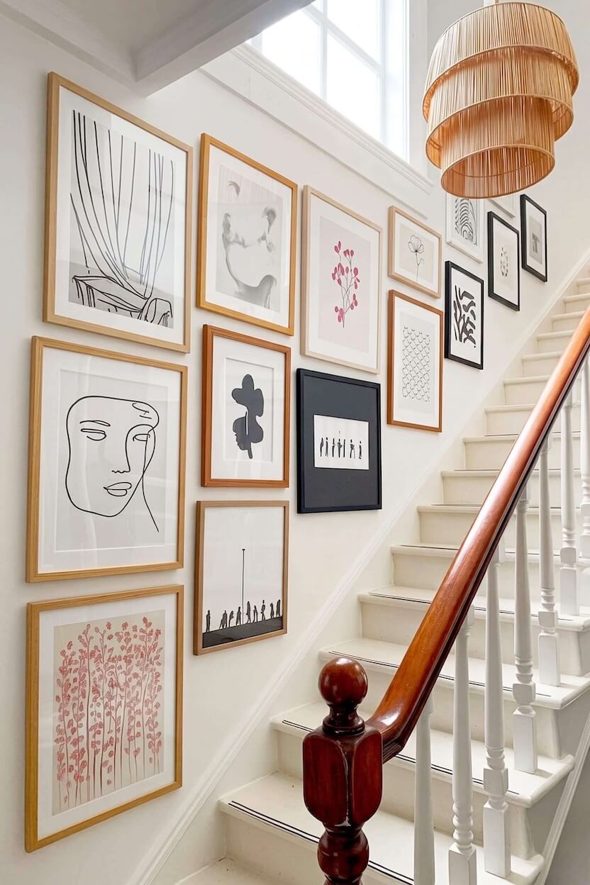 Delicate black and white continuous line art, abstract silhouettes, and minimal botanical sketches in wood and black frames creating simple minimal stairway decor.