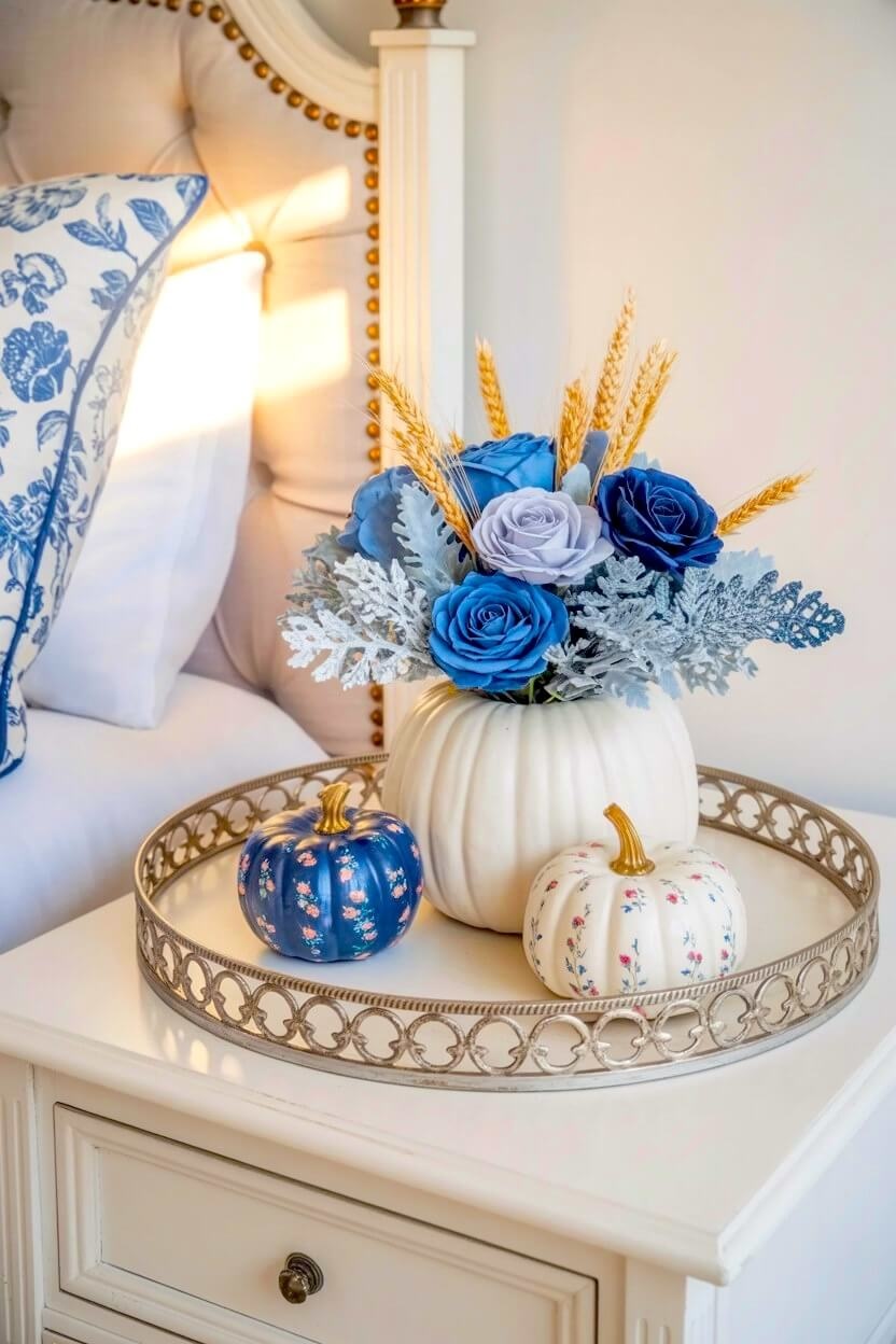 A silver vanity tray on a white nightstand holds a white pumpkin vase filled with vibrant blue roses next to small painted pumpkins for autumn bedroom design.