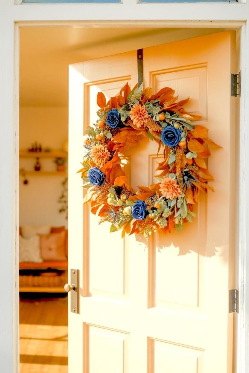 An open front door features a lush wreath made of dried orange leaves mixed with blue roses and green foliage for seasonal entryway styling inspiration.