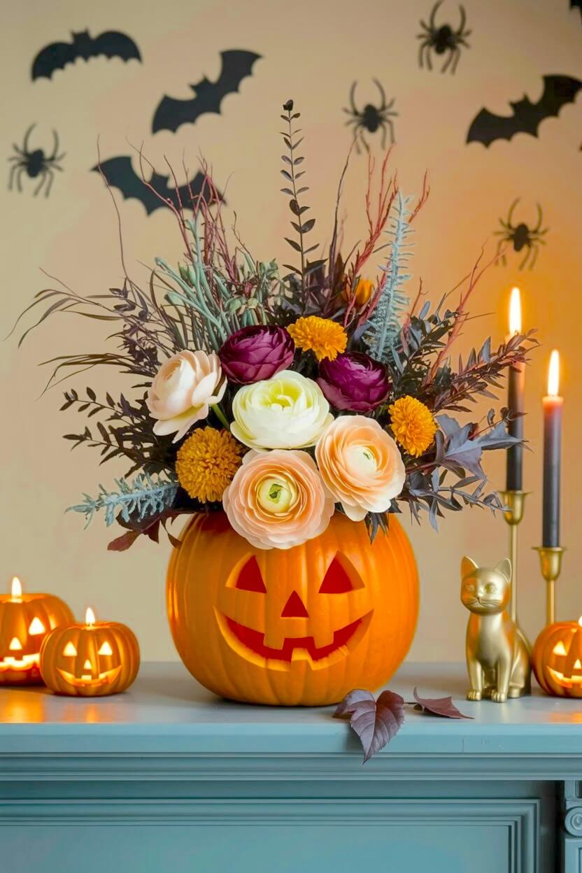 Orange carved jack-o'-lantern Halloween pumpkin flower display holding dark purple ranunculus, peach blooms, orange mums, and dark foliage on a blue wood mantel.