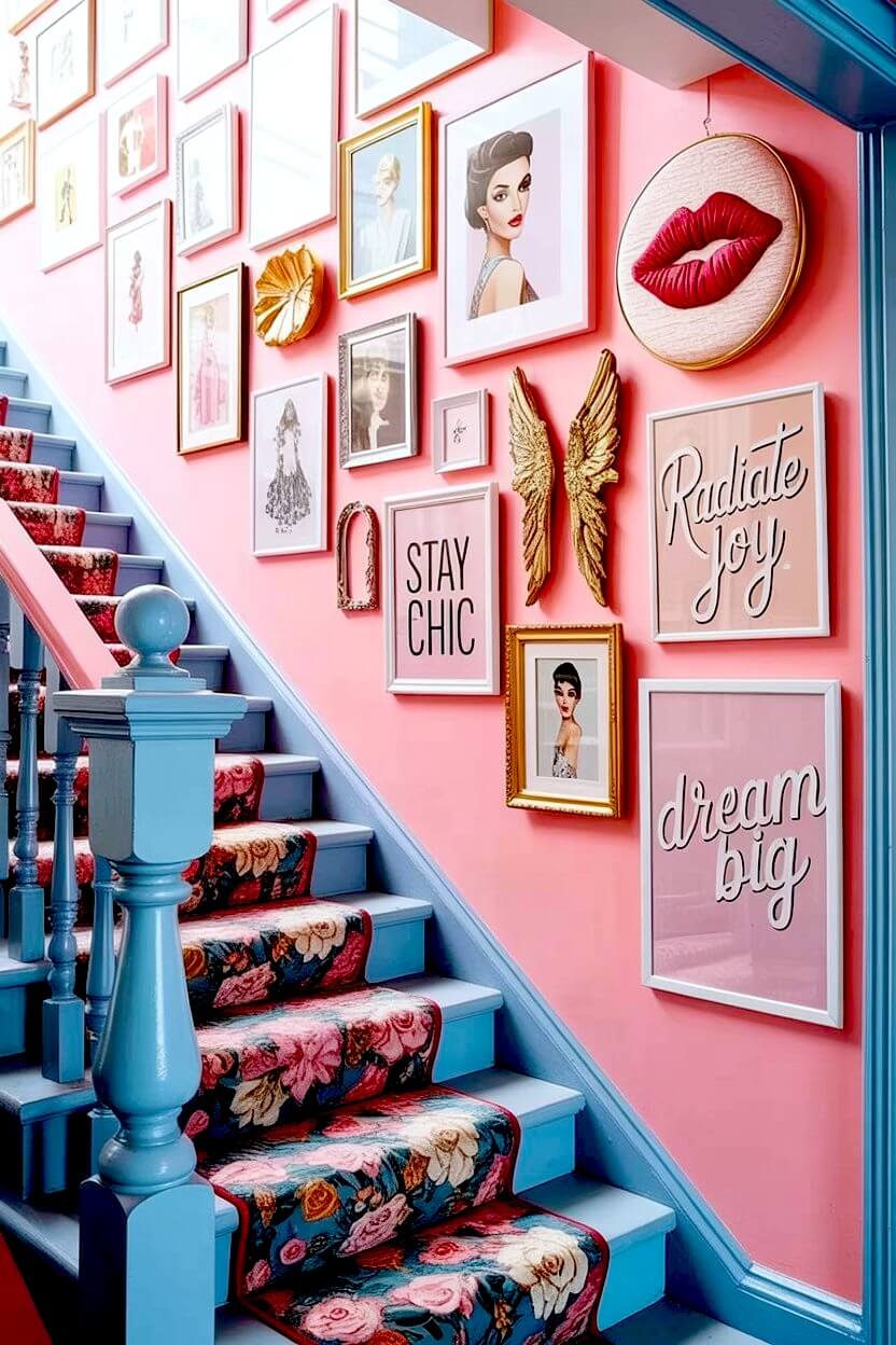 Vibrant pink staircase wall styling featuring gold angel wings, red lip art, and bold typography prints above blue wooden stairs with a colorful floral carpet.