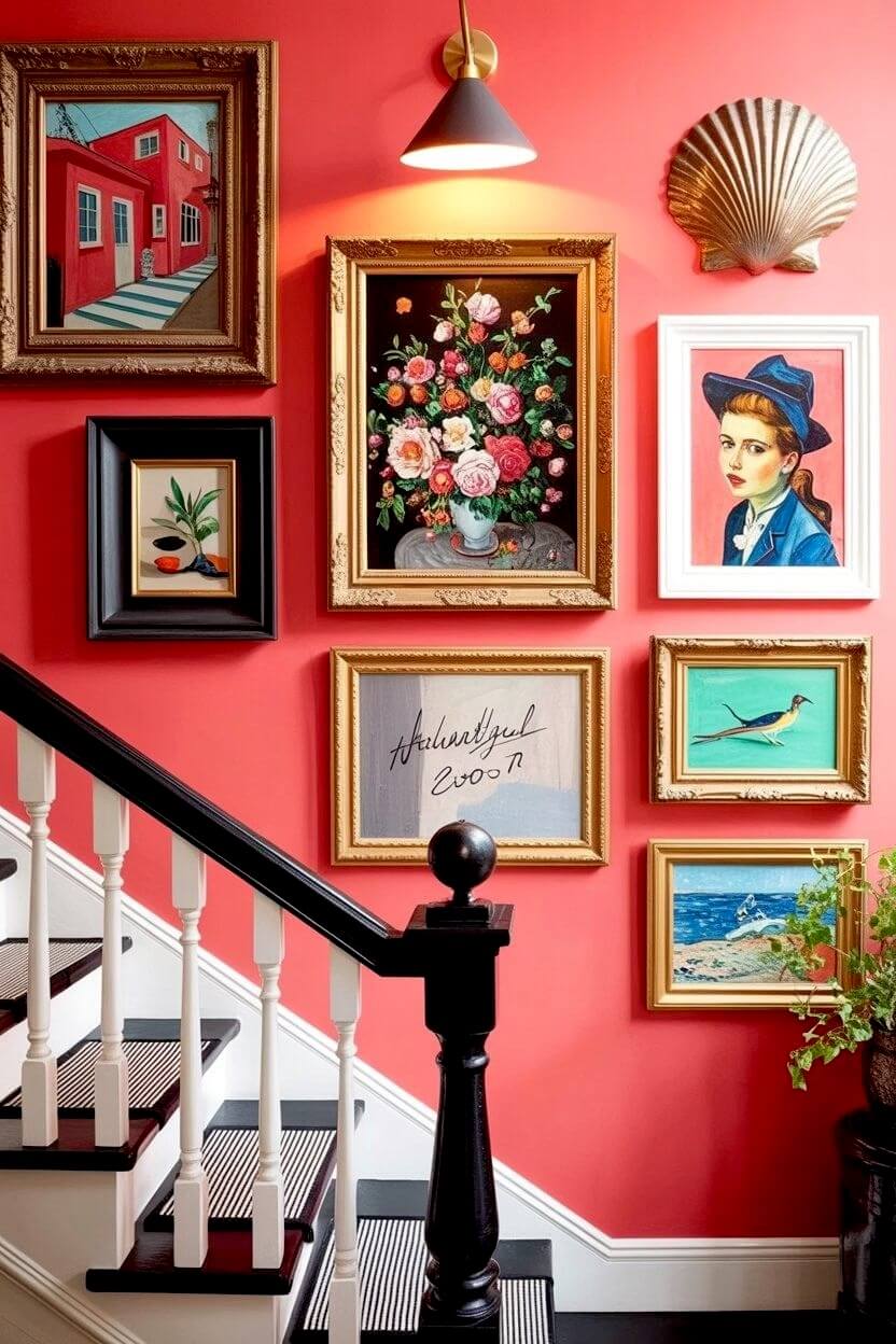 A vibrant coral-painted wall showcasing an eclectic mix of floral paintings, a vintage portrait, and a brass shell accent above a black and white staircase. 