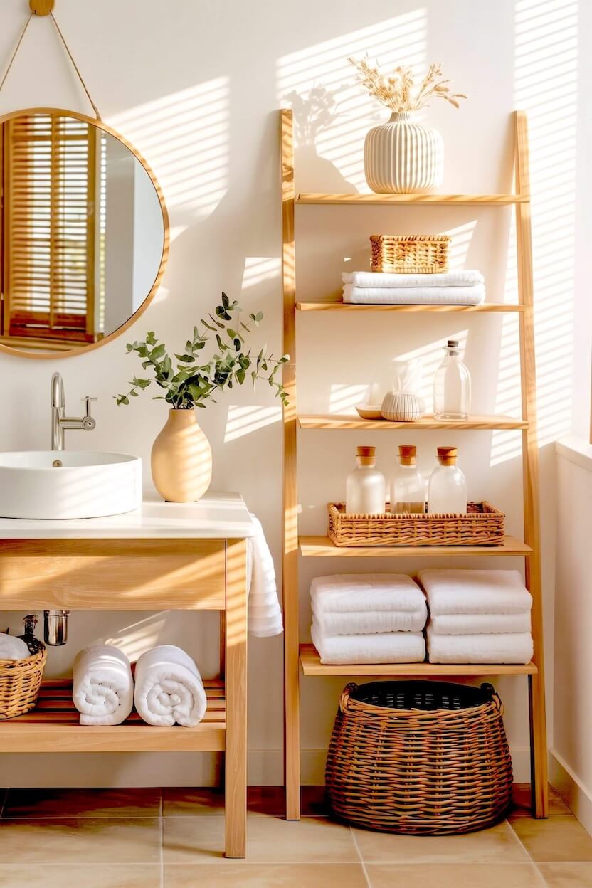 A wooden ladder shelf displays folded white towels and glass apothecary bottles near a round vanity mirror and a vase of green eucalyptus for fall bath styling.