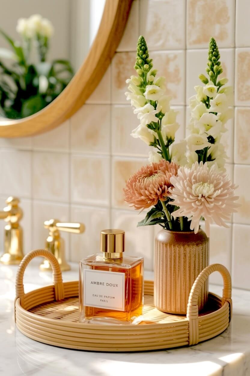 A round bamboo tray on a marble bathroom counter displays a glass bottle of amber perfume beside a textured brown vase holding pink mums for cozy fall designs.