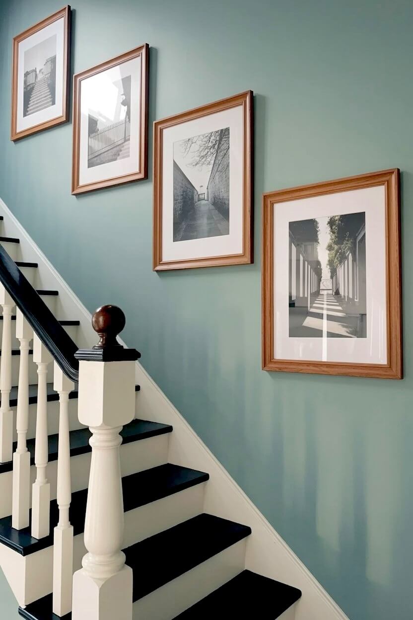 Minimalist black and white architectural photography in matching wood frames arranged on a serene sage green painted staircase wall design with black wood steps.