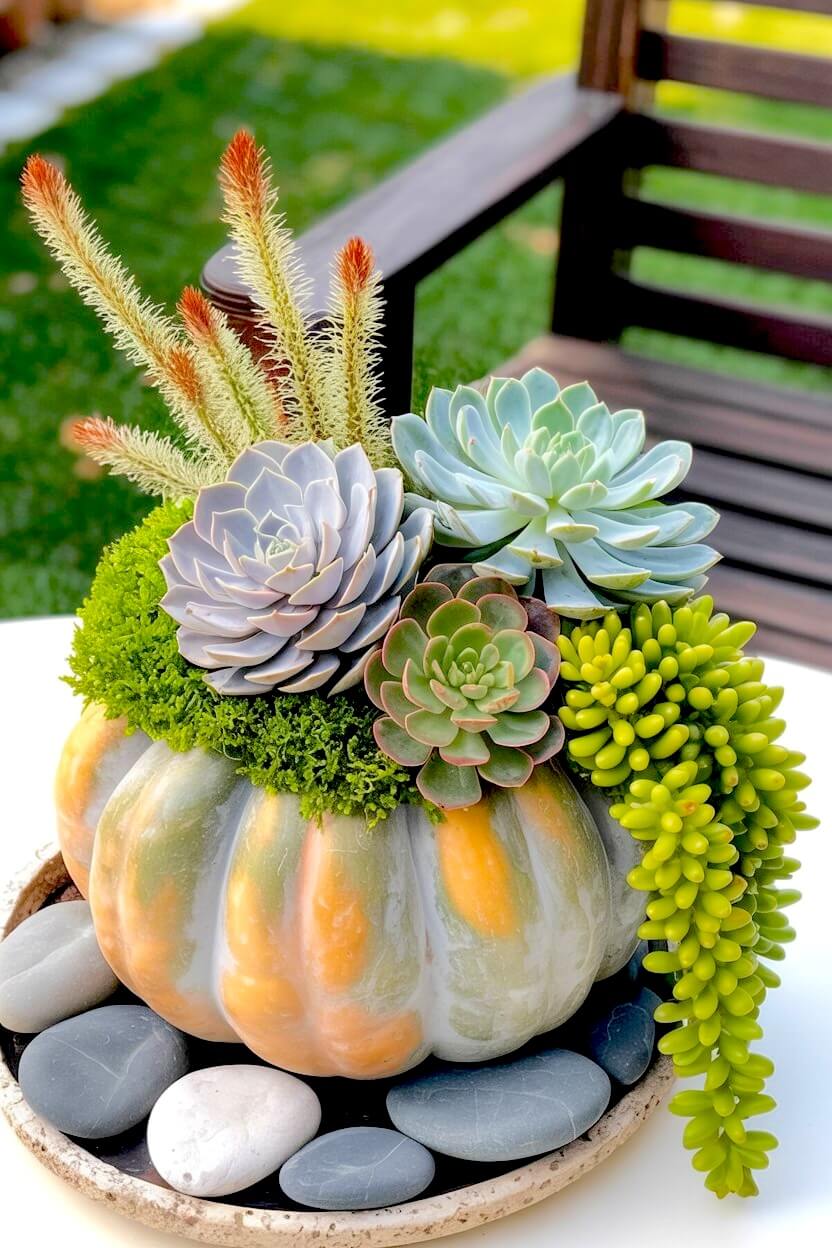 Pale green and orange heirloom succulent pumpkin planter arrangement featuring assorted echeveria and trailing green sedum resting on grey round river stones.