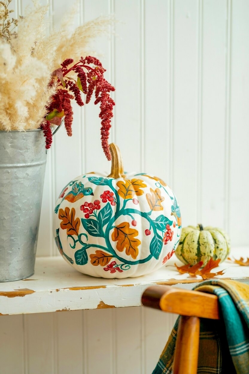 A white pumpkin displays painted green vines and orange leaves resting on a distressed wood shelf beside a metal bucket for creative autumn indoor decorating.