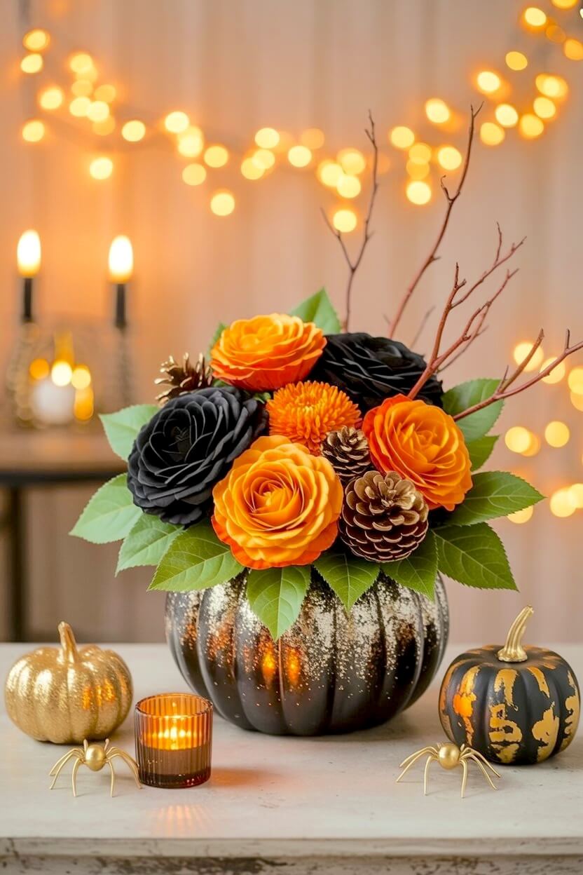Black glitter gothic pumpkin floral arrangement containing dark black roses, orange roses, brown pinecones, and bare twigs on a white tabletop with warm lights.