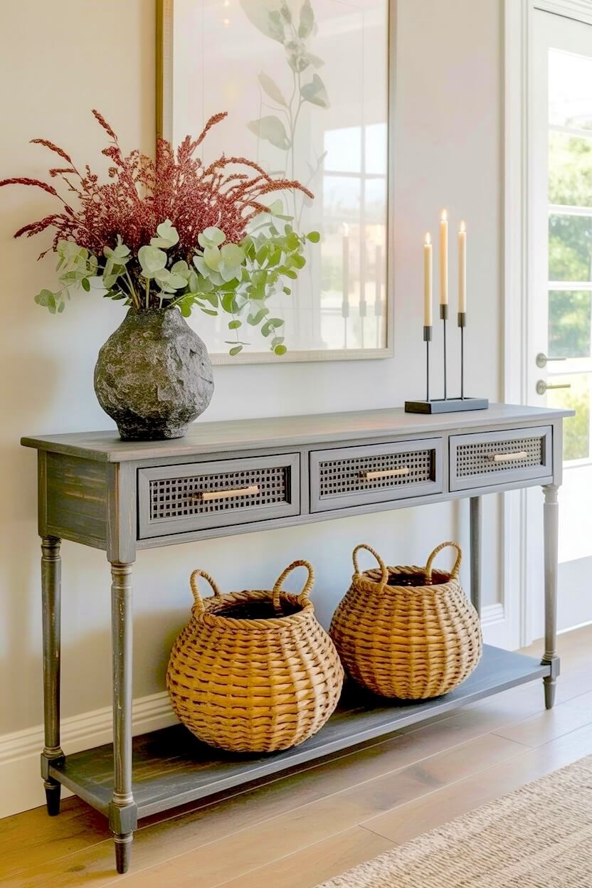 A dark grey wooden console table holds a stone vase with burgundy plants and a tall candelabra over woven baskets offering cozy autumn interior inspiration.