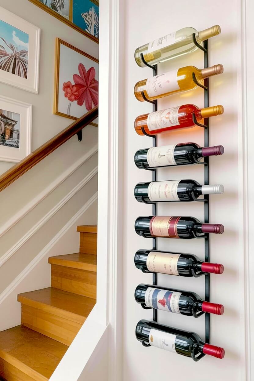 A tall black metal vertical wine rack holding eight bottles of white, rosé, and red wine mounted on a white stairway wall, serving as functional decor next to light oak wooden steps.
