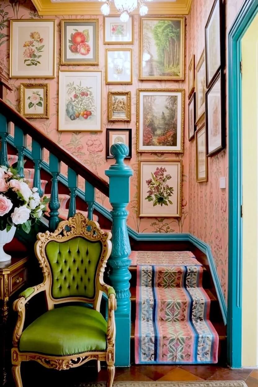 Botanical prints and fruit illustrations in gold frames layered on pink floral wallpaper, creating lush staircase wall ideas above a teal banister and green chair.