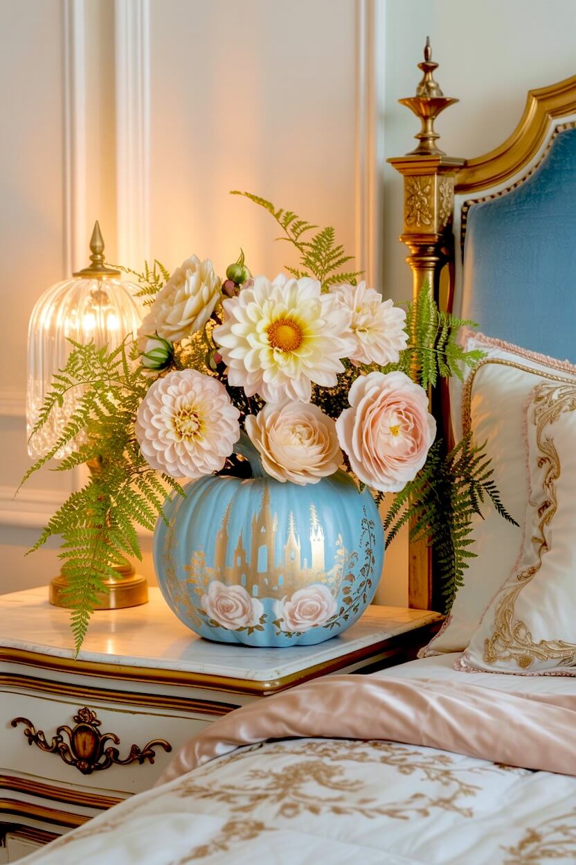Light blue painted pumpkin flower vase with a gold castle silhouette holding white dahlias, peach roses, and green ferns on a marble nightstand beside a bed.