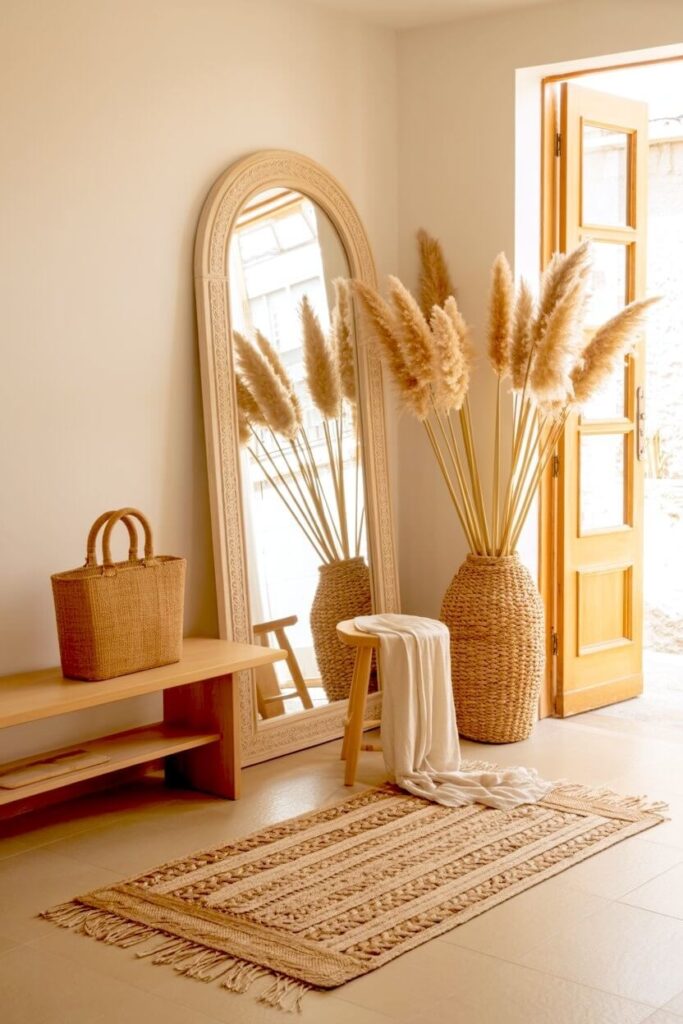 Tall fluffy pampas grass stands inside a large woven floor vase next to an arched floor mirror and a wooden bench creating a warm minimalist autumn entryway.