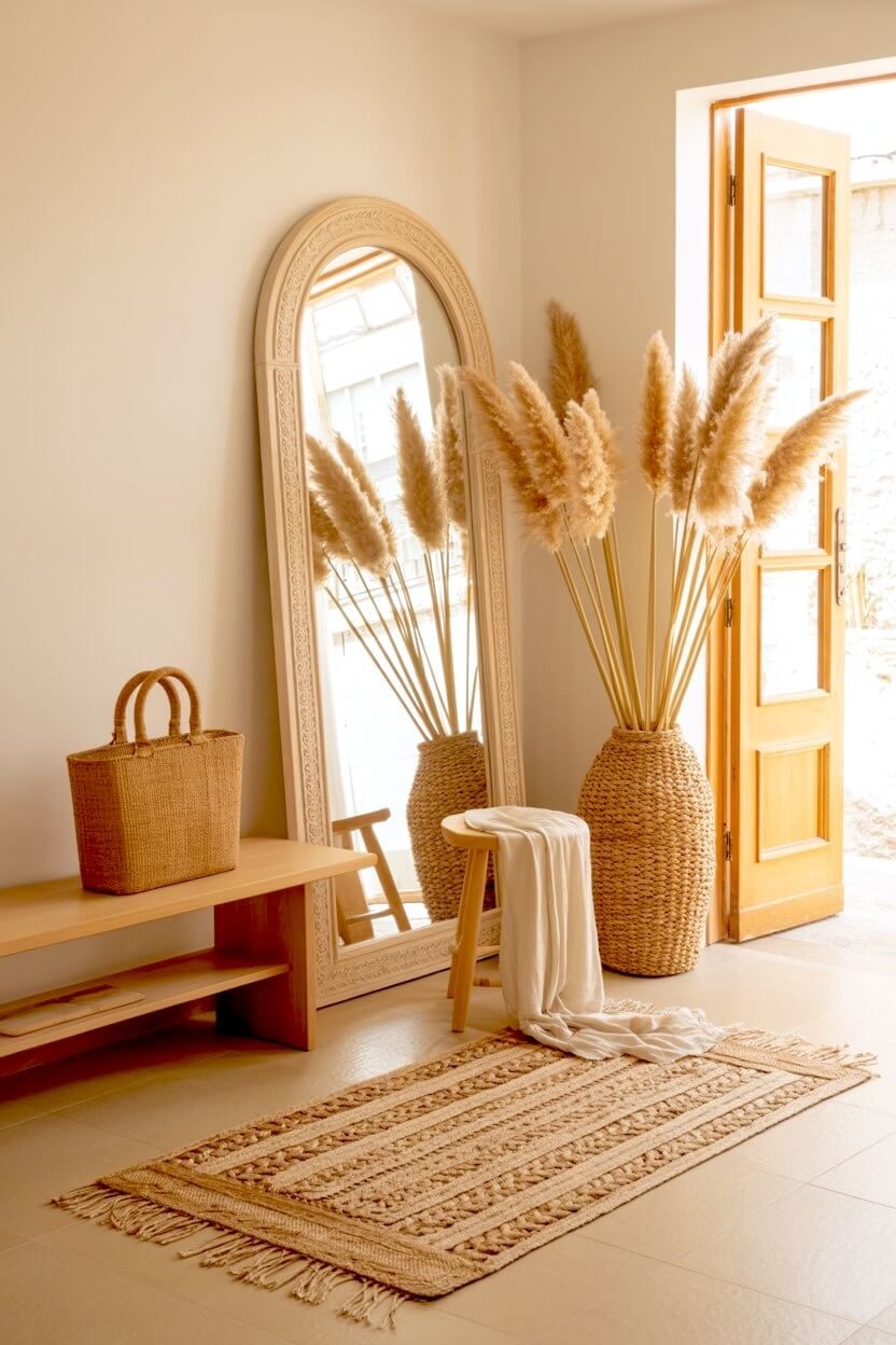 Tall fluffy pampas grass stands inside a large woven floor vase next to an arched floor mirror and a wooden bench creating a warm minimalist autumn entryway.