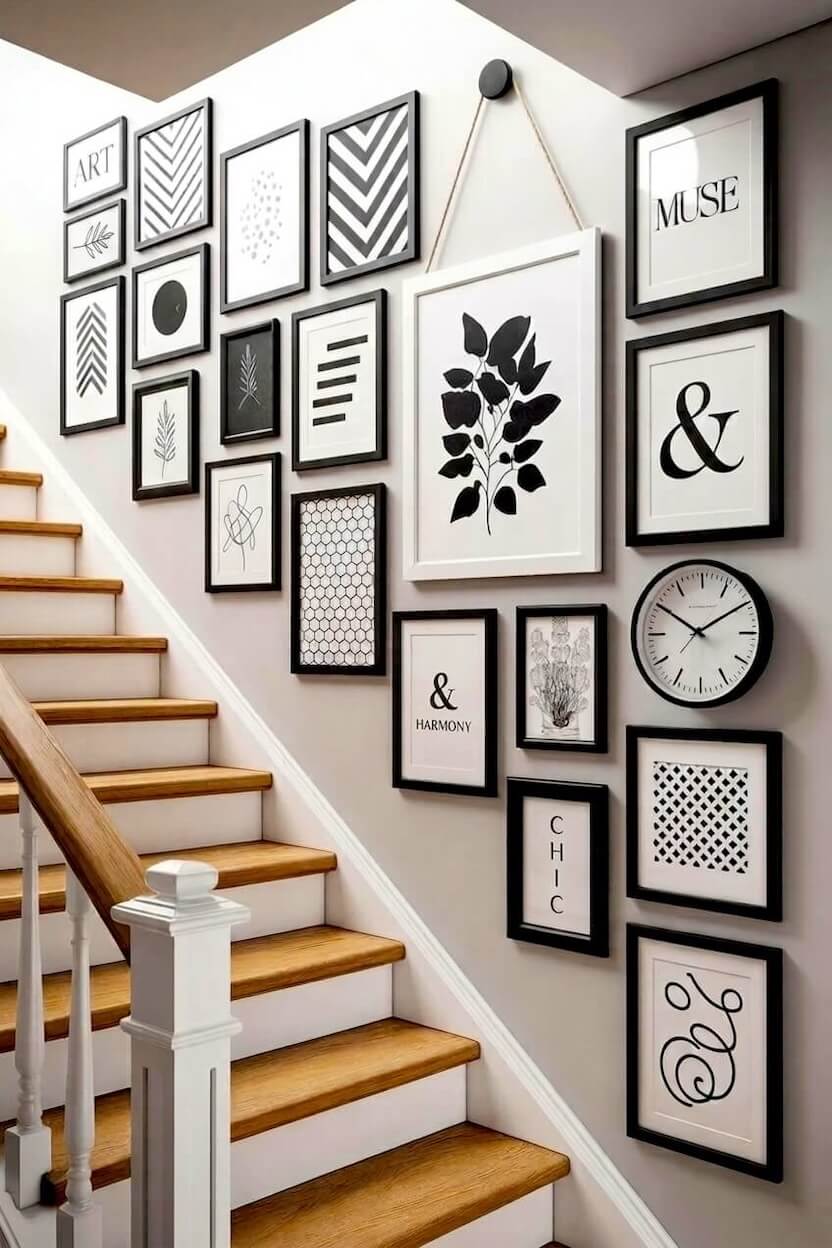 A striking collection of black and white graphic art, botanical silhouettes, and a round wall clock arranged as cohesive stairway wall styling on a gray surface.