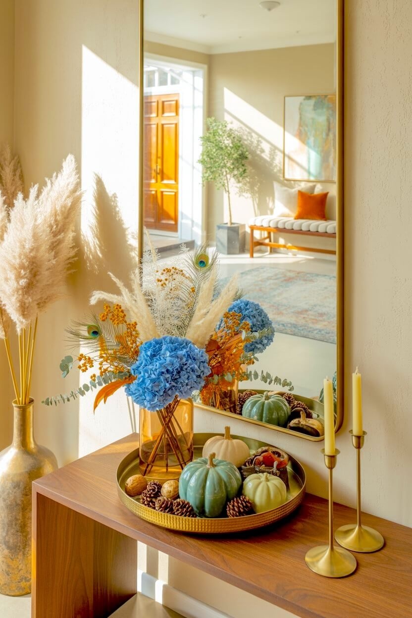 A round brass tray on a narrow wooden console holds blue ceramic pumpkins and pinecones near a vase of bright blue hydrangeas for elegant autumn room styling.