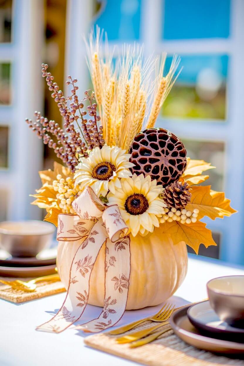 Cream white autumn harvest pumpkin centerpiece holding yellow sunflowers, dried wheat stalks, brown lotus pods, and pinecones finished with a tan fall ribbon.