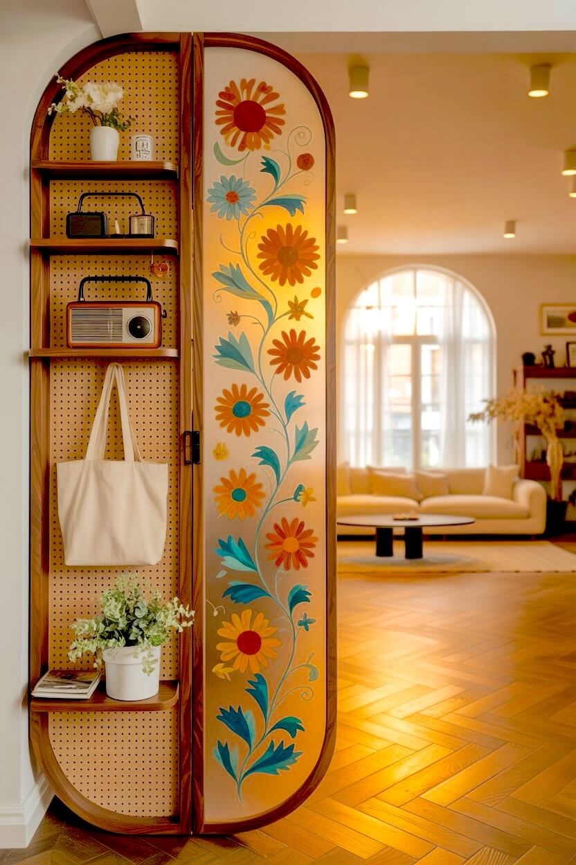 A wooden room divider stands in an entryway featuring translucent panels with painted sunflowers and blue daisies providing unique seasonal home decorating ideas.