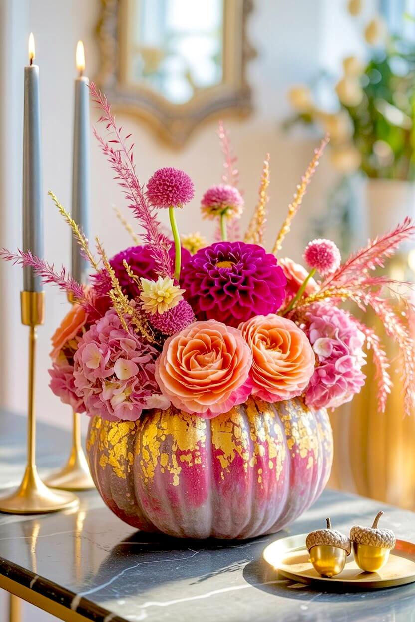 Bright pink, purple and gold leaf glam pumpkin floral design holding magenta dahlias, orange roses, pink hydrangeas, and tall pink textured stems on a black marble table.