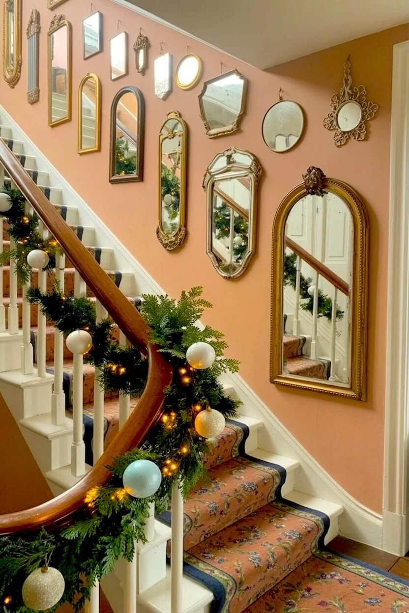 Assorted vintage brass and gold mirrors reflecting light across warm peach-painted staircase wall art, alongside a holiday green garland draped over the railing.