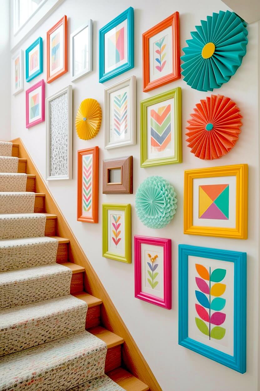Brightly colored teal, orange, and yellow paper rosettes mixed with geometric art in neon frames for playful and energetic stairs wall decor on white walls.