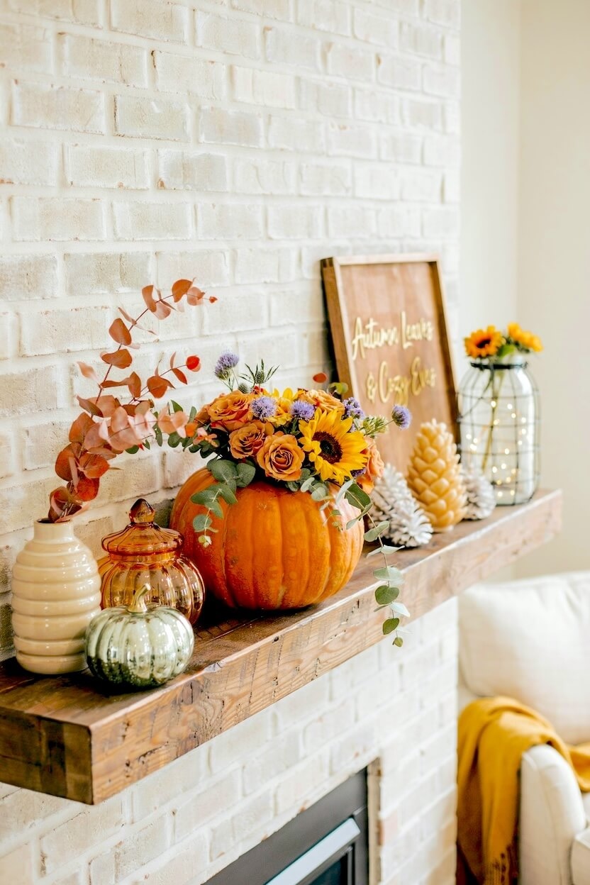 A thick wooden fireplace mantel displays a large orange pumpkin holding fresh sunflowers and roses beside ribbed glass jars yielding cozy autumn mantel decor.