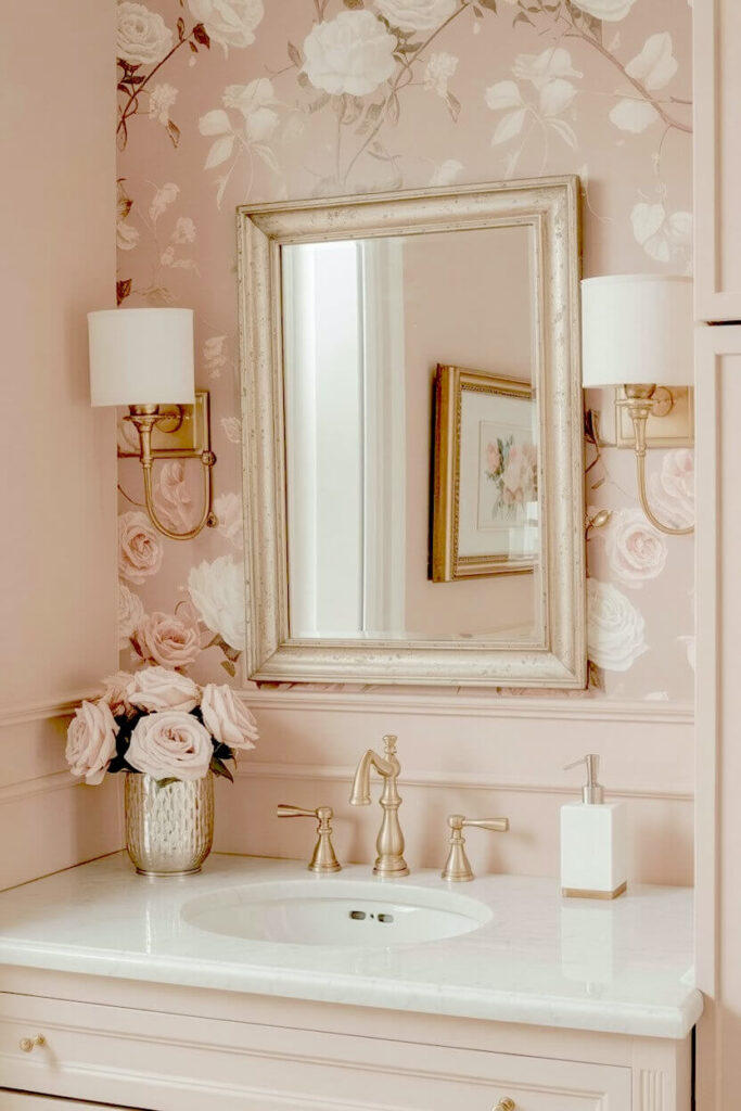 A silver mirror sits on blush floral wallpaper above a white marble vanity with brass hardware and light pink roses showcasing effortless home decor ideas.