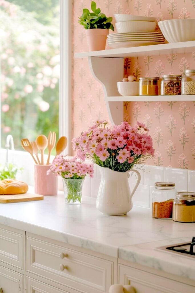 A white kitchen counter features a ceramic pitcher filled with fresh pink cosmos next to wooden utensils and floating shelves for relaxed home styling tips.