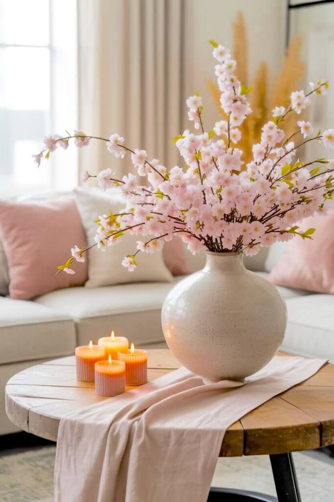 rustic wood coffee table displays a smooth white vase filled with tall pink cherry blossom branches and ribbed candles for casual elegant room aesthetics.