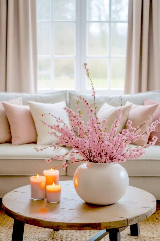 A round reclaimed wood table holds a white vase bursting with delicate pink flowering branches and glowing pillar candles creating laid back interior design.