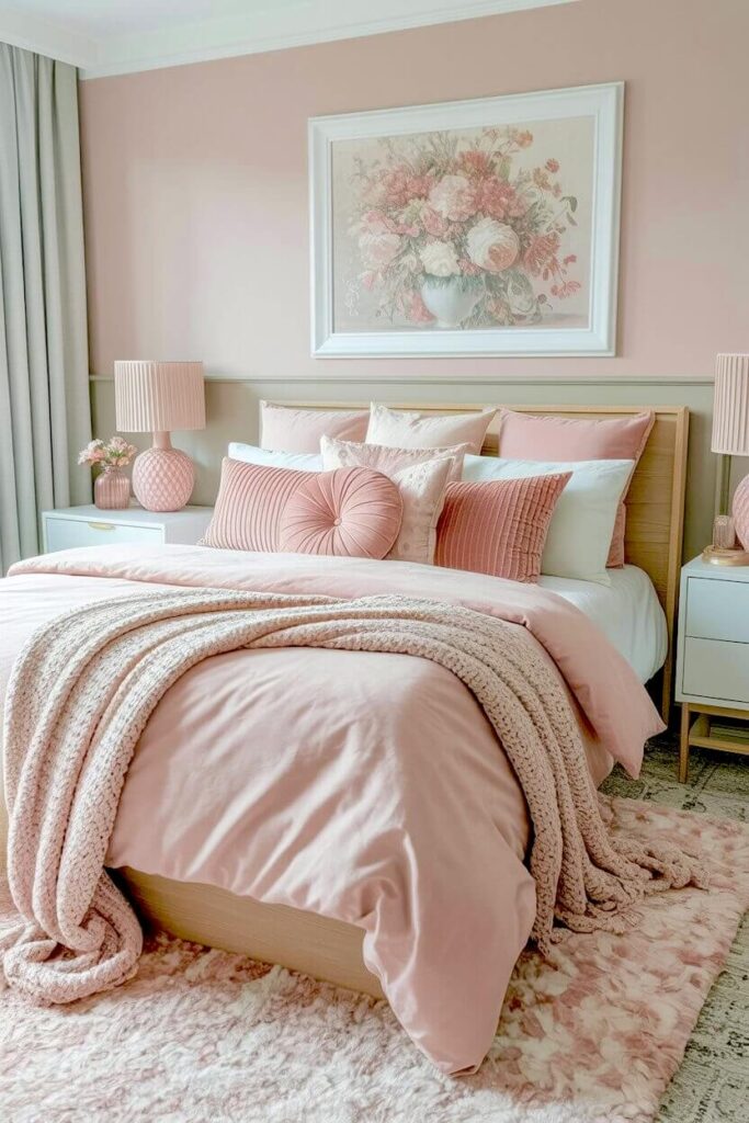 A cozy bed features a light pink duvet paired with velvet accent pillows and a chunky knit throw blanket under a floral print for unfussy home decorating looks.