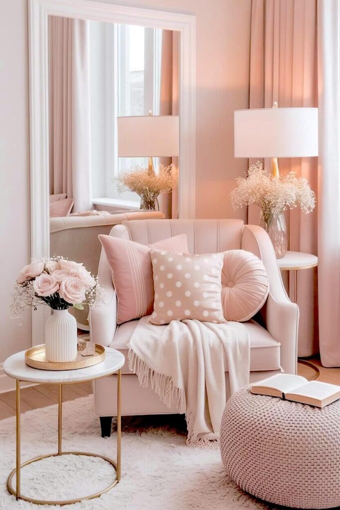 A soft blush velvet armchair sits beside a brass side table holding pink roses and a tall floor mirror reflecting chic everyday styling ideas in a bright room.