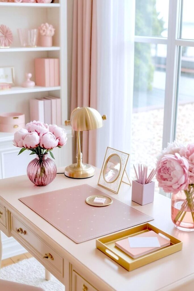 A light beige desk features a dusty rose leather mat paired with a golden brass lamp and fresh peonies in glass vases offering approachable interior styling.