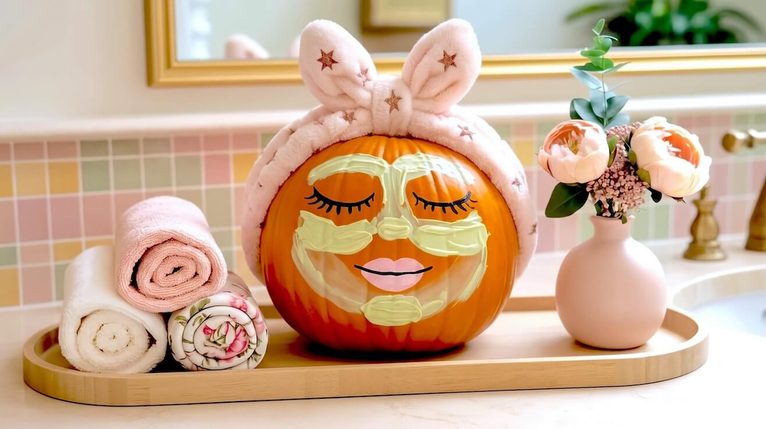 A bright orange pumpkin wearing a pink star headband and green clay face mask sits on a wooden tray with rolled towels for funny pumpkin painting ideas.