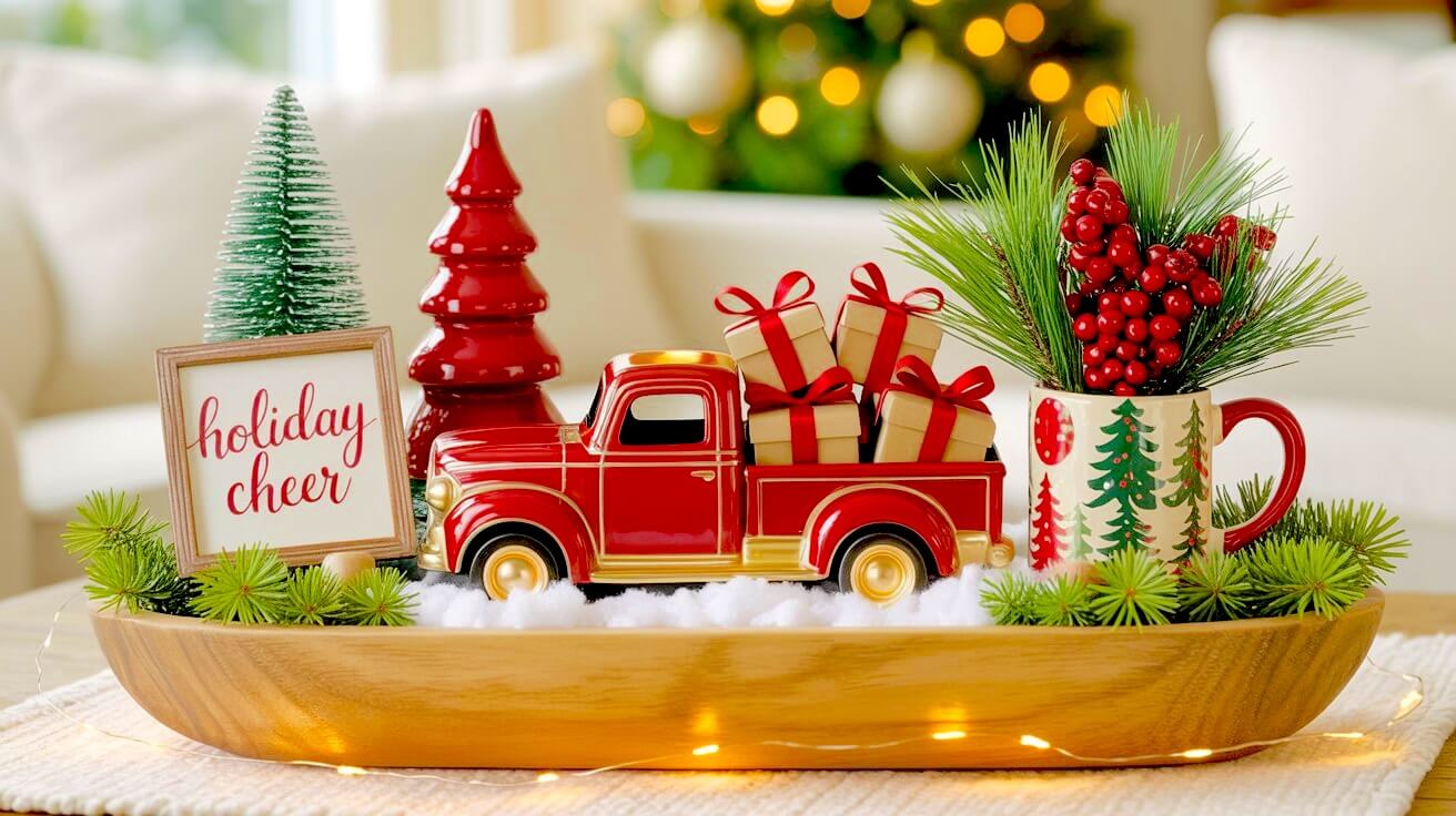 A red vintage truck carrying wrapped gifts sits on faux snow next to a holiday cheer sign and red berries in a festive Christmas dough bowl centerpiece.