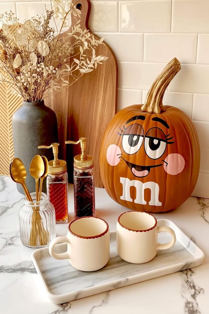 A brown pumpkin painted with a smiling female chocolate candy face sits on a white marble counter next to coffee mugs for funny pumpkin painting ideas.