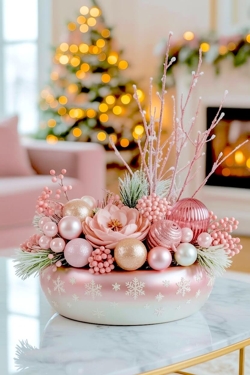 Soft pink metallic and matte ornaments rest inside a white gradient dough bowl mixed with frosted winter branches, creating an elegant holiday centerpiece.