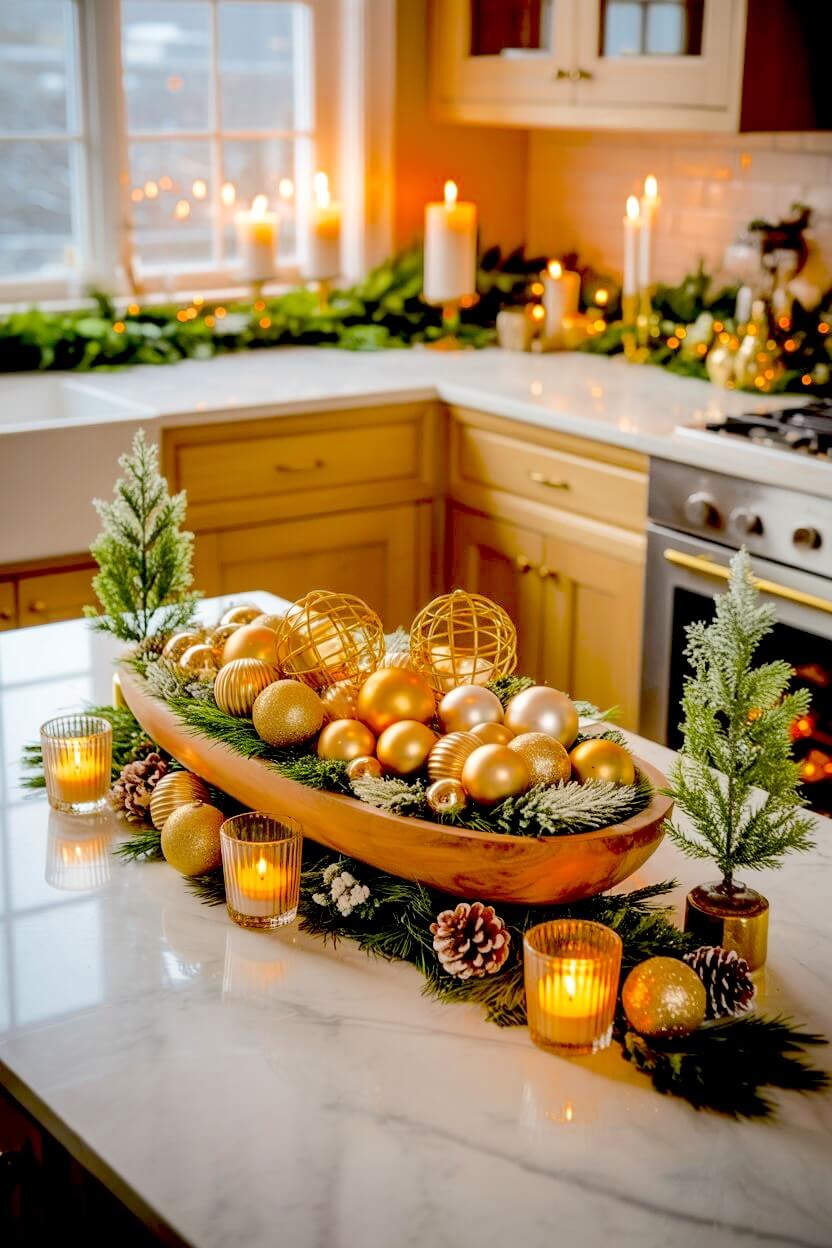 Matte and shiny gold spheres fill a smooth curved teak dough bowl centerpiece surrounded by fresh cedar garlands, white berries, and lit candles on a bright kitchen island.