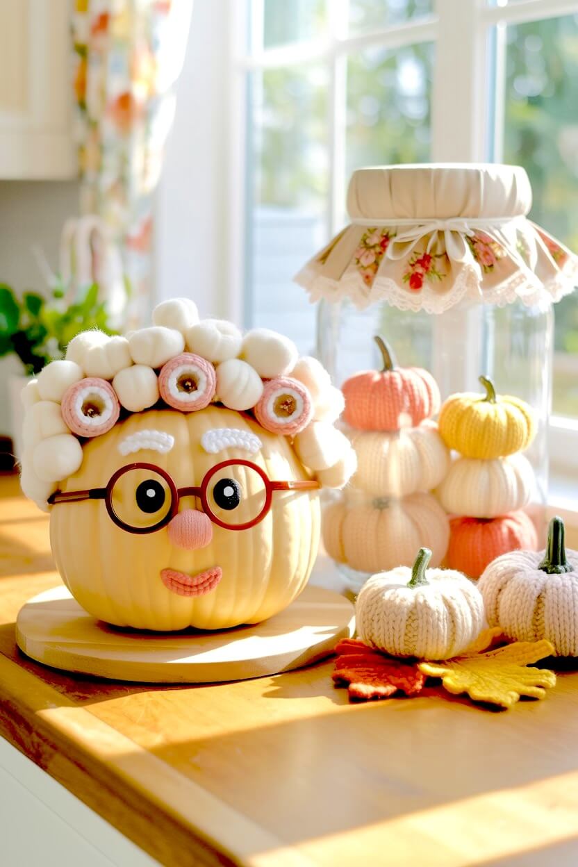 A white pumpkin styled as a grandmother with round red glasses and white cotton ball hair sits on a wooden kitchen counter showcasing clever pumpkin art.