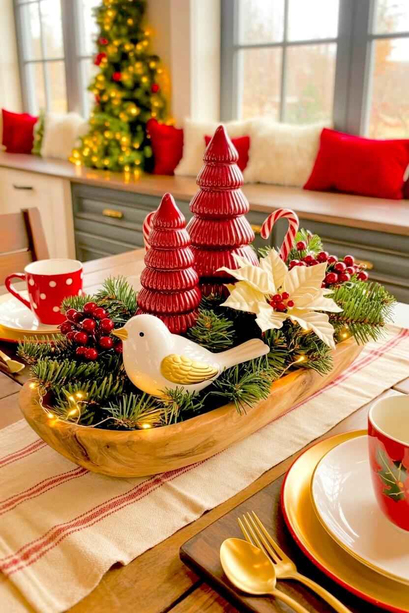 A white ceramic dove with gold wings sits near glossy red sculpted trees, white poinsettia blooms, and candy canes inside an olive wood Christmas dough bowl arrangement.
