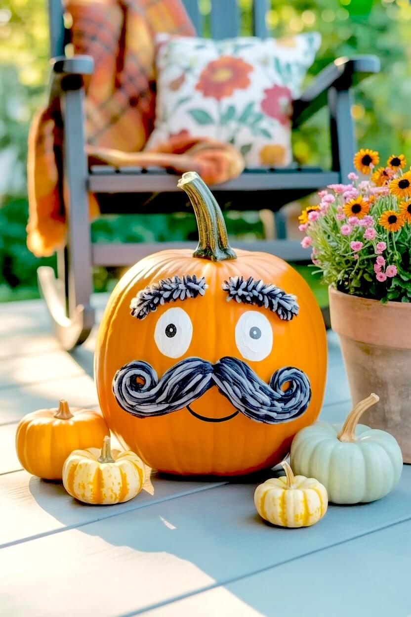 An orange pumpkin painted with wide eyes and decorated with thick black and white yarn pieces for a bushy mustache providing quirky fall styling ideas.