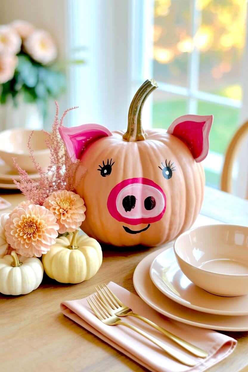 A light pink painted pumpkin detailed with a bright pink snout and matching ears sits on a dining table alongside fresh dahlias for silly autumn decor.